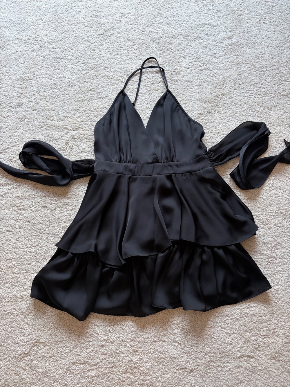 Seta-Black Ruffle Tiered Satin Mini Dress-New